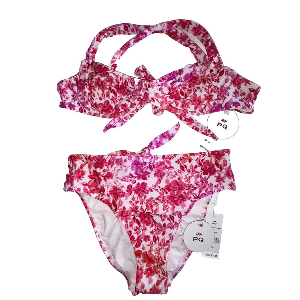 PQ Azalea Perla Bikini Set Pink Red Floral Size Small NEW Knot Back High Waist